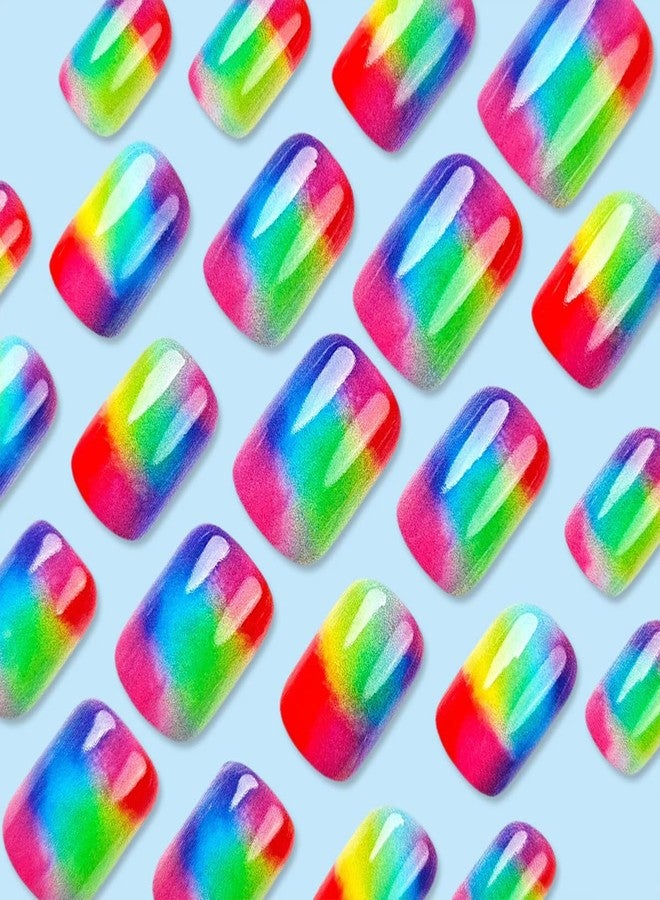 HJKDSFD 24Pcs Rainbow Press on Nails Square Short Fake Nails with Colorful Gradient Designs Full Cover Acrylic Nails Press on Glossy Artificial False Nails Cute Stick on Nails for Women Girls - Image 3